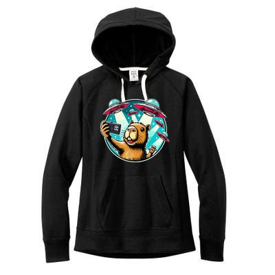 Funny Capybara Selfie With Ufos Women's Fleece Hoodie