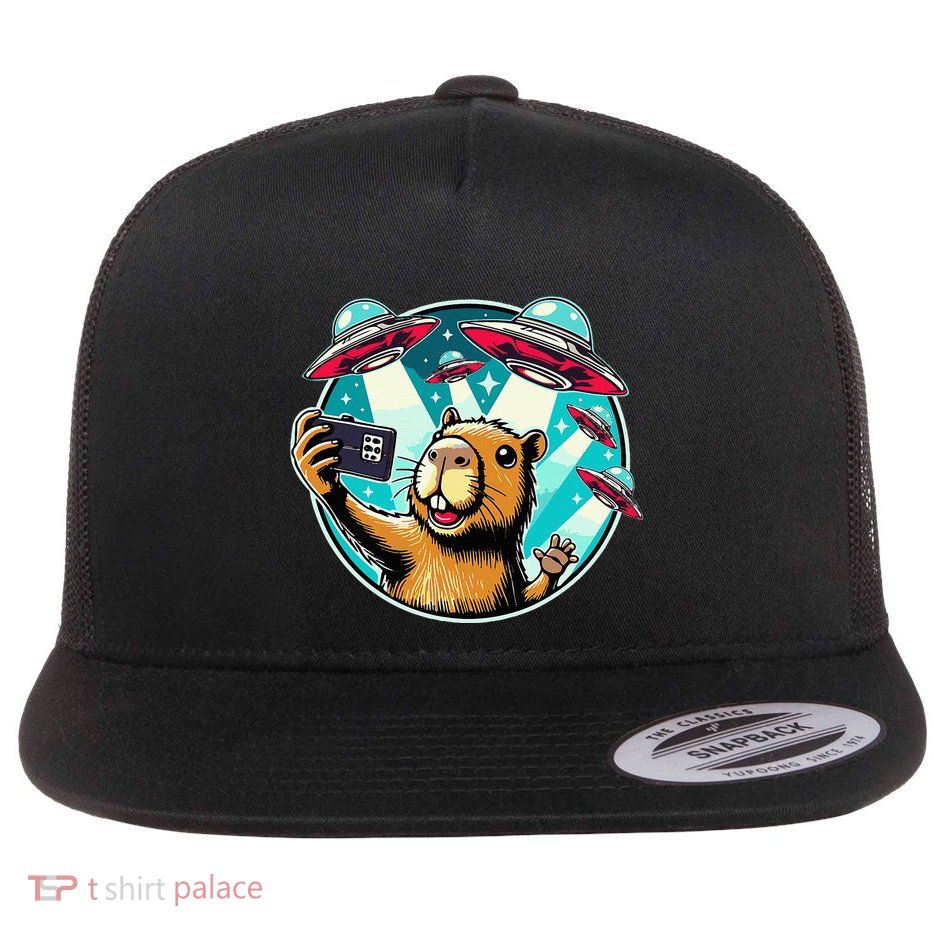 Funny Capybara Selfie With Ufos Flat Bill Trucker Hat