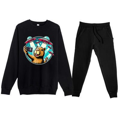 Funny Capybara Selfie With Ufos Premium Crewneck Sweatsuit Set