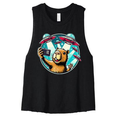 Funny Capybara Selfie With Ufos Women's Racerback Cropped Tank