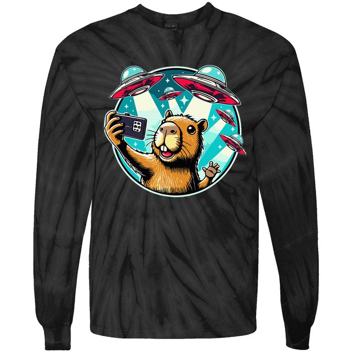 Funny Capybara Selfie With Ufos Tie-Dye Long Sleeve Shirt