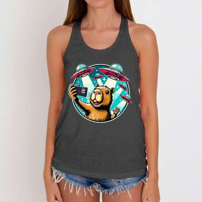 Funny Capybara Selfie With Ufos Women's Knotted Racerback Tank