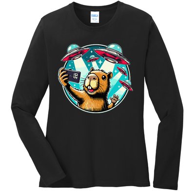 Funny Capybara Selfie With Ufos Ladies Long Sleeve Shirt