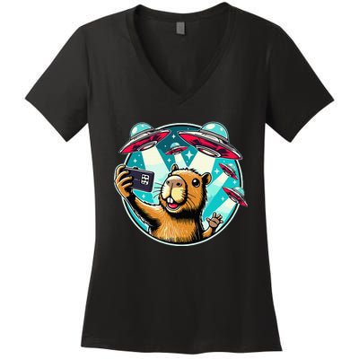 Funny Capybara Selfie With Ufos Women's V-Neck T-Shirt