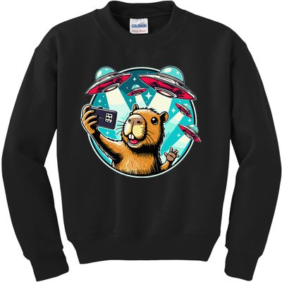 Funny Capybara Selfie With Ufos Kids Sweatshirt