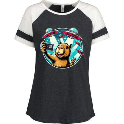 Funny Capybara Selfie With Ufos Enza Ladies Jersey Colorblock Tee