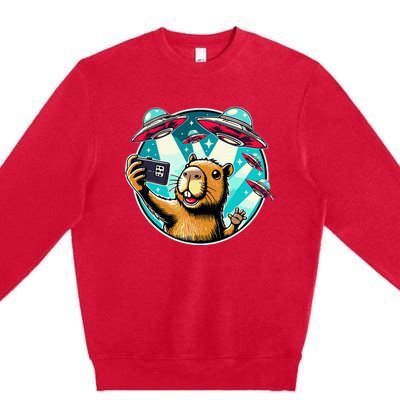 Funny Capybara Selfie With Ufos Premium Crewneck Sweatshirt