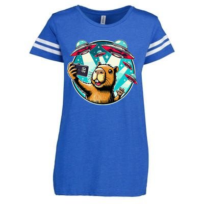 Funny Capybara Selfie With Ufos Enza Ladies Jersey Football T-Shirt