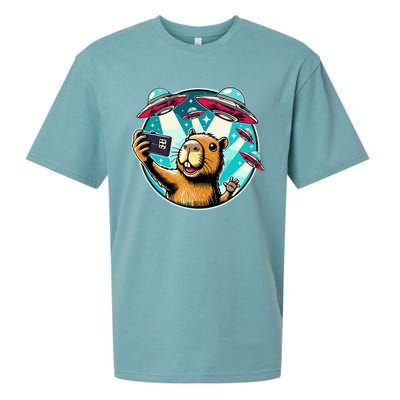 Funny Capybara Selfie With Ufos Sueded Cloud Jersey T-Shirt