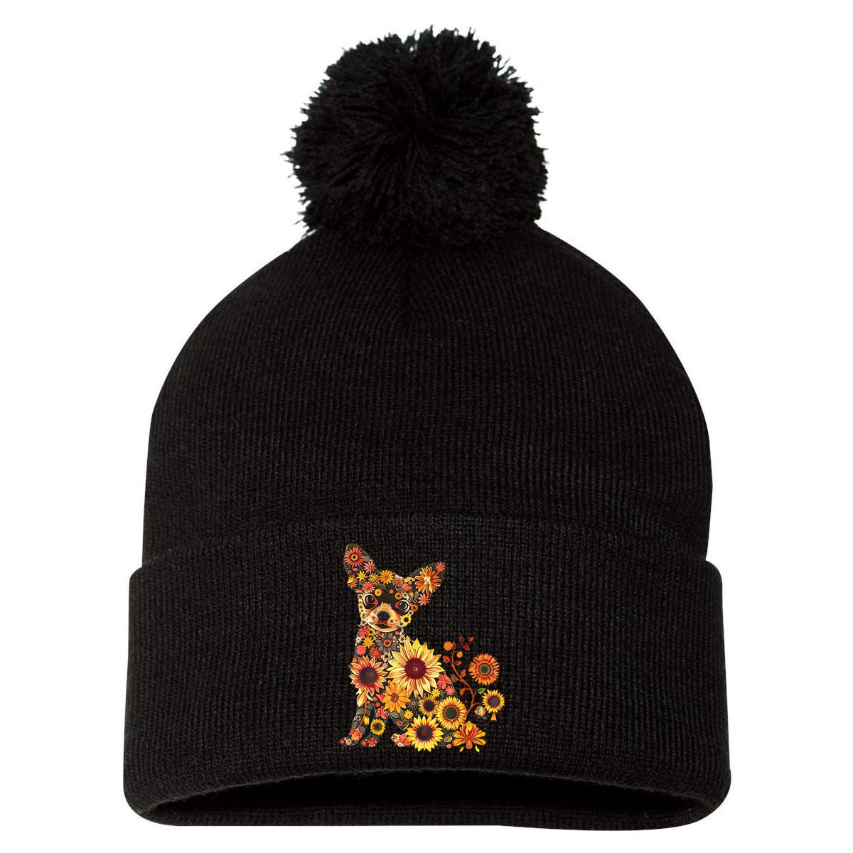 Floral Chihuahua Sunflower Mama Cute Mom Mother's Day  Pom Pom 12in Knit Beanie