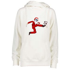 Funny Christmas Santa Soccer Playing Xmas Boys Sport Gift Womens Funnel Neck Pullover Hood