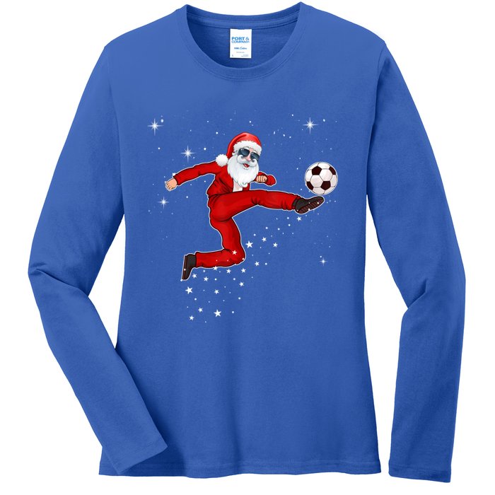 Funny Christmas Santa Soccer Playing Xmas Boys Sport Gift Ladies Long Sleeve Shirt