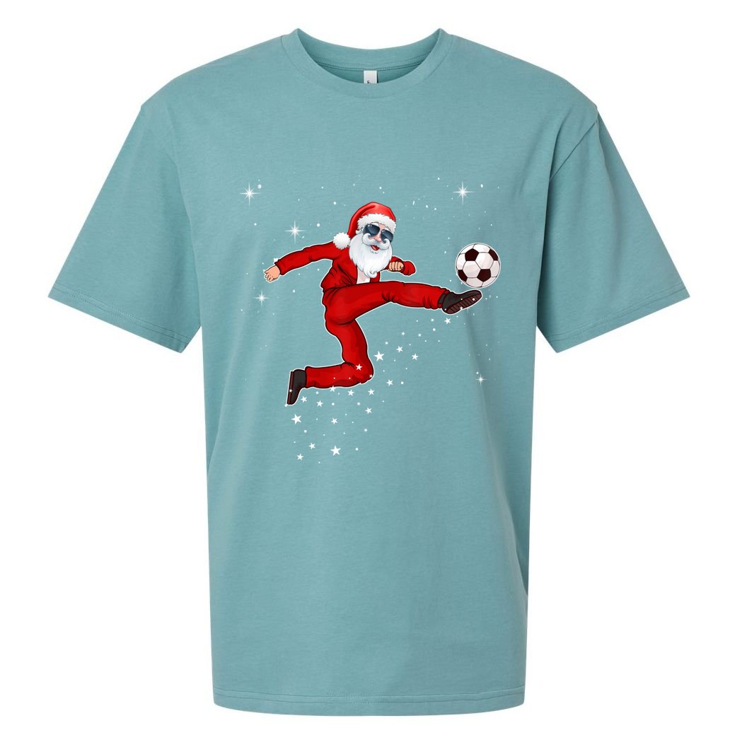 Funny Christmas Santa Soccer Playing Xmas Boys Sport Gift Sueded Cloud Jersey T-Shirt