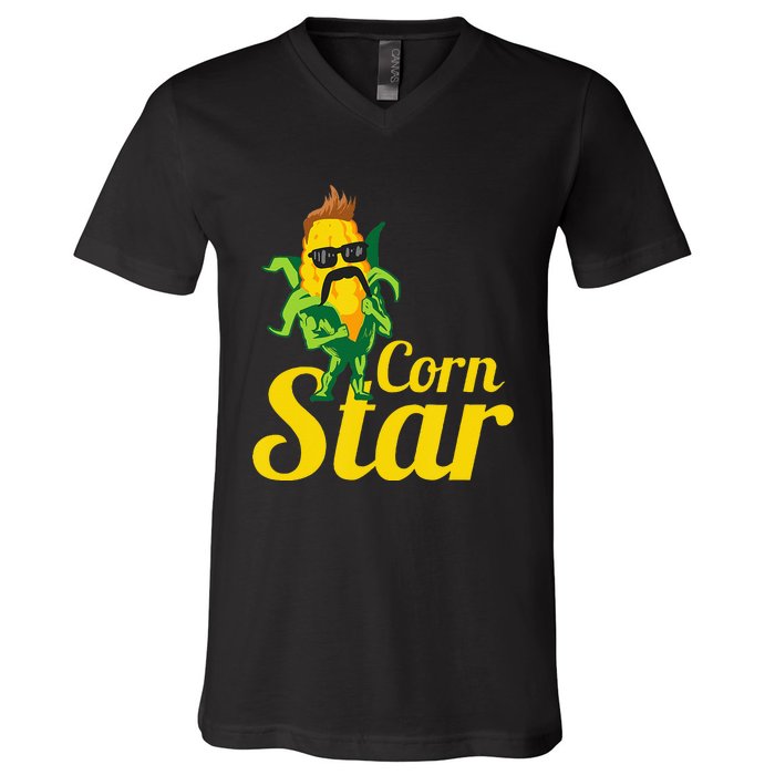 Funny Corn Star Sunglasses Mustache Maize V-Neck T-Shirt