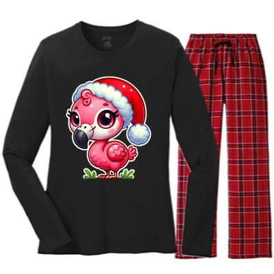 Flamingo Christmas Santa Claus Hat Xmas Holiday Tank Top Women's Long Sleeve Flannel Pajama Set 