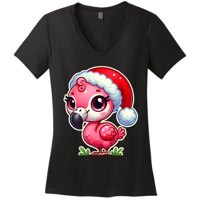 Flamingo Christmas Santa Claus Hat Xmas Holiday Tank Top Women's V-Neck T-Shirt