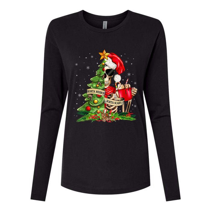 Funny Christmas Sorta Merry Sorta Scary Skeleton Xmas Tree Womens Cotton Relaxed Long Sleeve T-Shirt