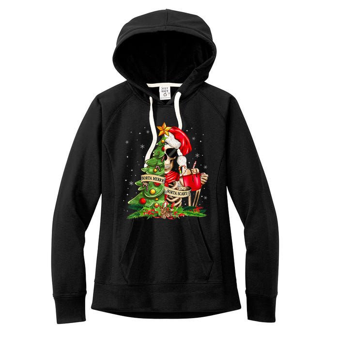 Funny Christmas Sorta Merry Sorta Scary Skeleton Xmas Tree Women's Fleece Hoodie