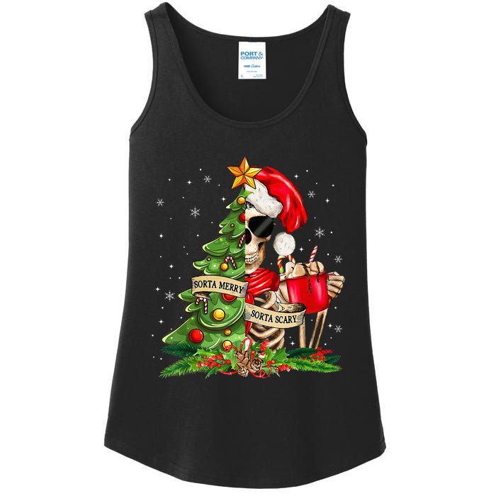 Funny Christmas Sorta Merry Sorta Scary Skeleton Xmas Tree Ladies Essential Tank