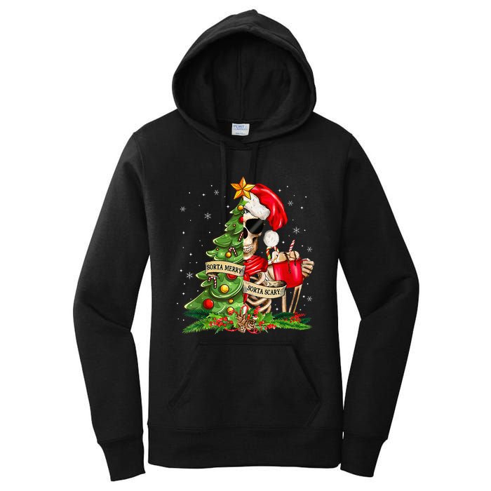 Funny Christmas Sorta Merry Sorta Scary Skeleton Xmas Tree Women's Pullover Hoodie