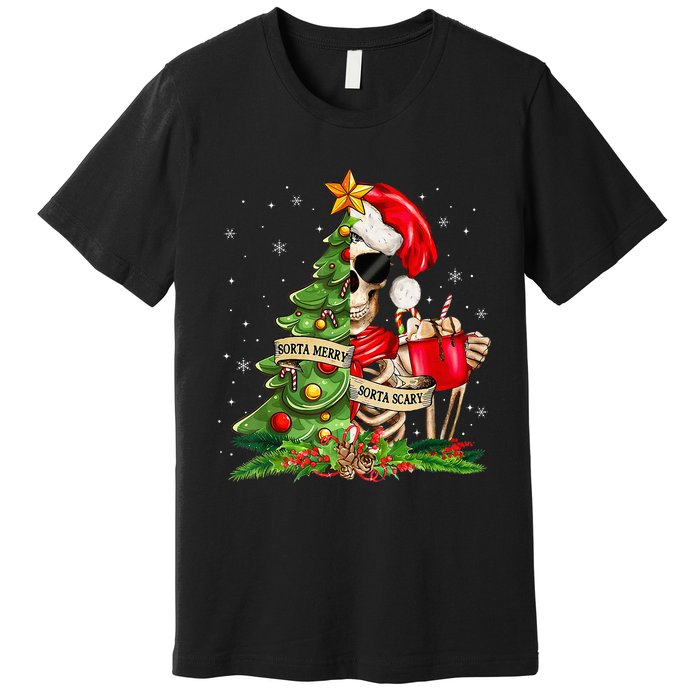 Funny Christmas Sorta Merry Sorta Scary Skeleton Xmas Tree Premium T-Shirt