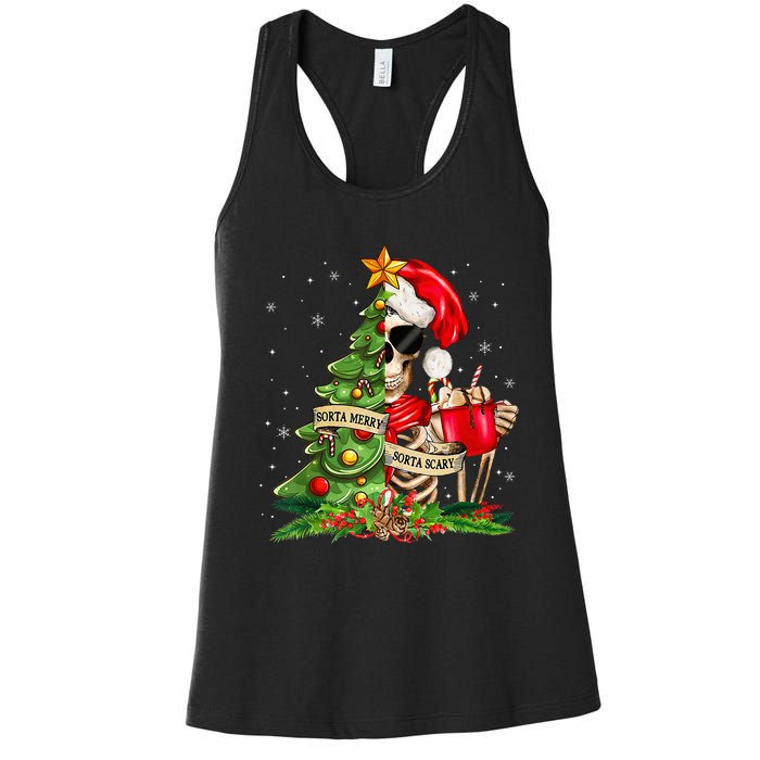 Funny Christmas Sorta Merry Sorta Scary Skeleton Xmas Tree Women's Racerback Tank