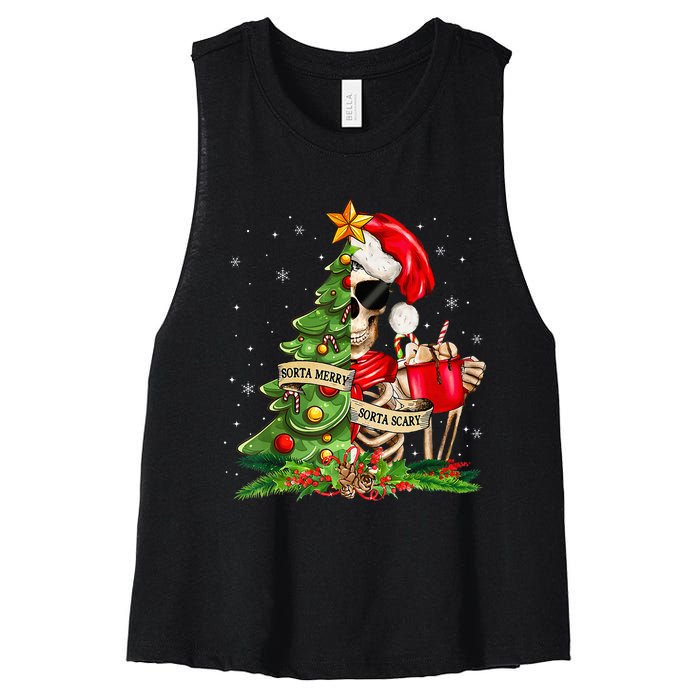 Funny Christmas Sorta Merry Sorta Scary Skeleton Xmas Tree Women's Racerback Cropped Tank