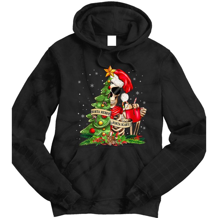 Funny Christmas Sorta Merry Sorta Scary Skeleton Xmas Tree Tie Dye Hoodie