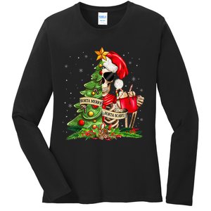 Funny Christmas Sorta Merry Sorta Scary Skeleton Xmas Tree Ladies Long Sleeve Shirt