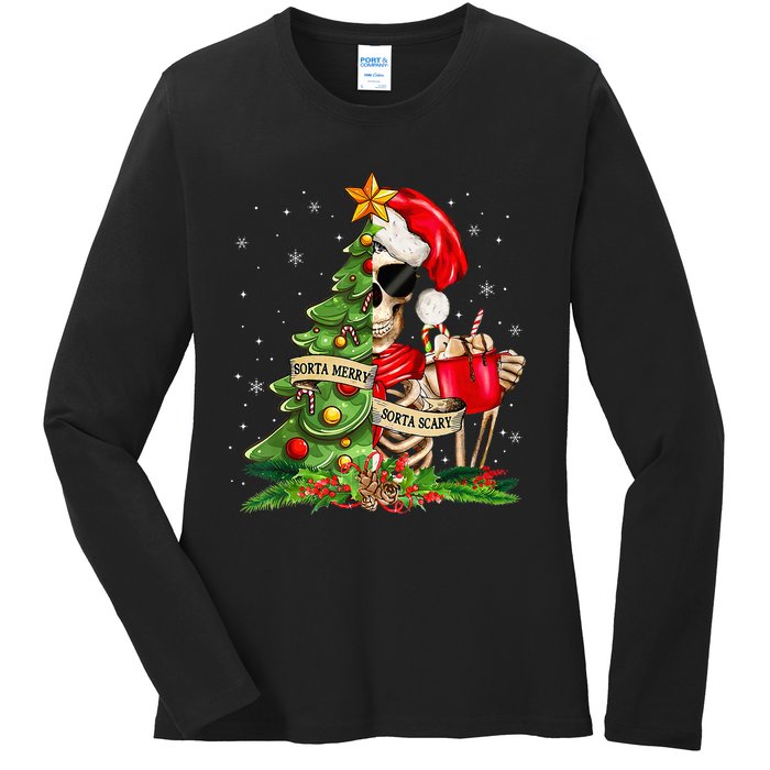 Funny Christmas Sorta Merry Sorta Scary Skeleton Xmas Tree Ladies Long Sleeve Shirt