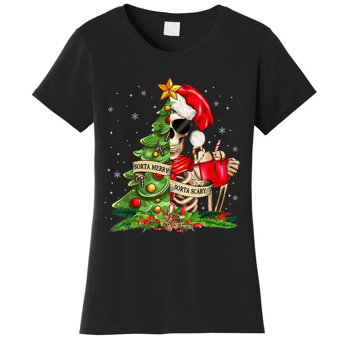 Funny Christmas Sorta Merry Sorta Scary Skeleton Xmas Tree Women's T-Shirt