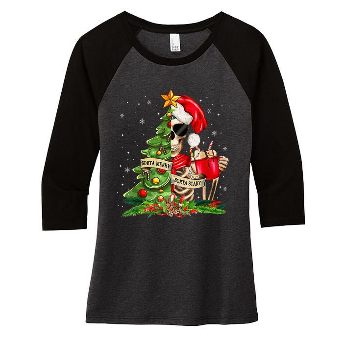 Funny Christmas Sorta Merry Sorta Scary Skeleton Xmas Tree Women's Tri-Blend 3/4-Sleeve Raglan Shirt