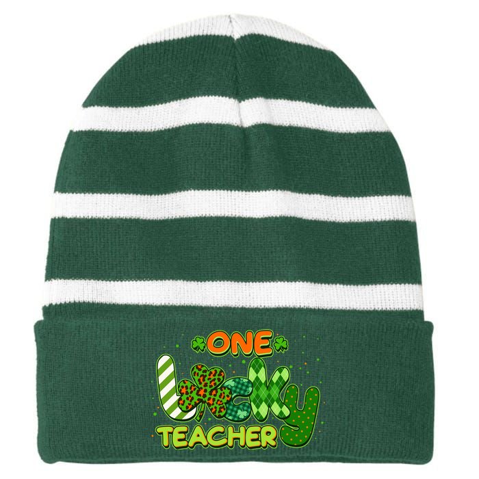 Funny Cute St Patrick's Day One Lucky Teacher Striped Beanie with Solid Band