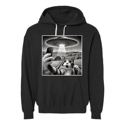 Funny Cat Selfie With Alien UFO Cat Garment-Dyed Fleece Hoodie