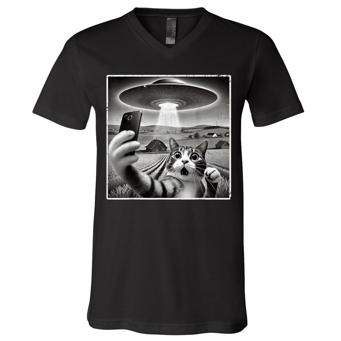 Funny Cat Selfie With Alien UFO Cat V-Neck T-Shirt