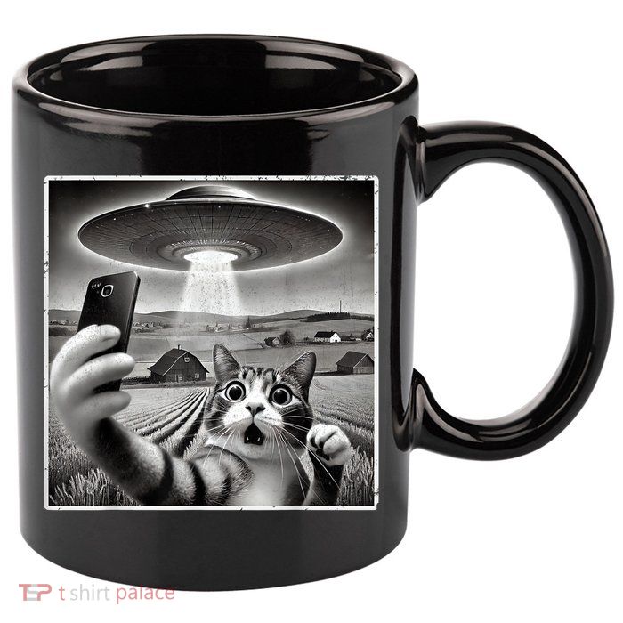 Funny Cat Selfie With Alien UFO Cat 11oz C Handle Ceramic Mug