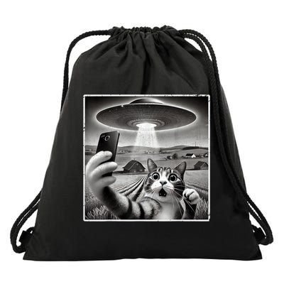 Funny Cat Selfie With Alien UFO Cat Drawstring Bag