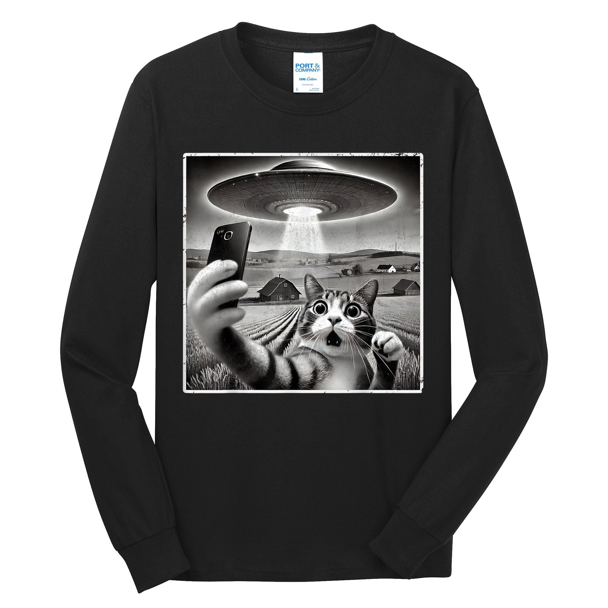 Funny Cat Selfie With Alien UFO Cat Tall Long Sleeve T-Shirt