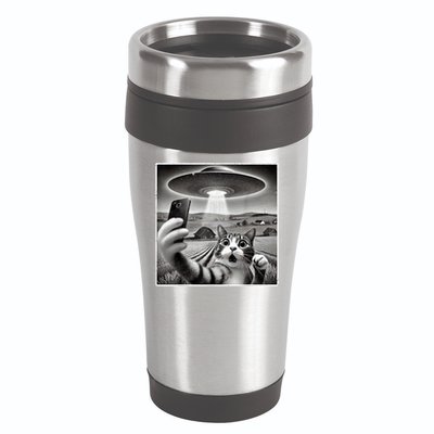 Funny Cat Selfie With Alien UFO Cat 16oz Travel Tumbler