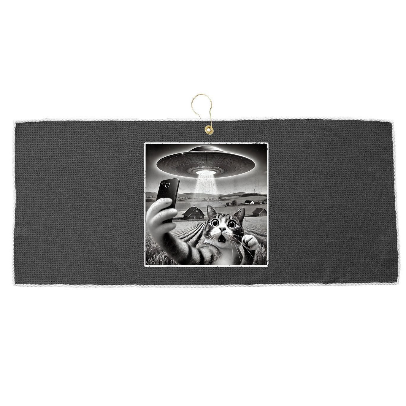 Funny Cat Selfie With Alien UFO Cat Large Microfiber Waffle Golf Towel