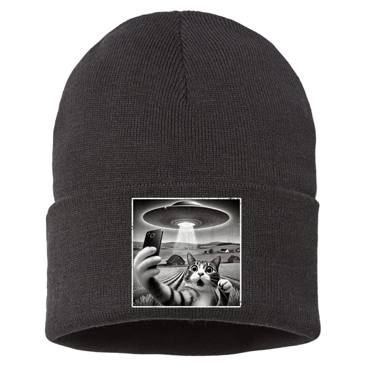 Funny Cat Selfie With Alien UFO Cat Sustainable Knit Beanie