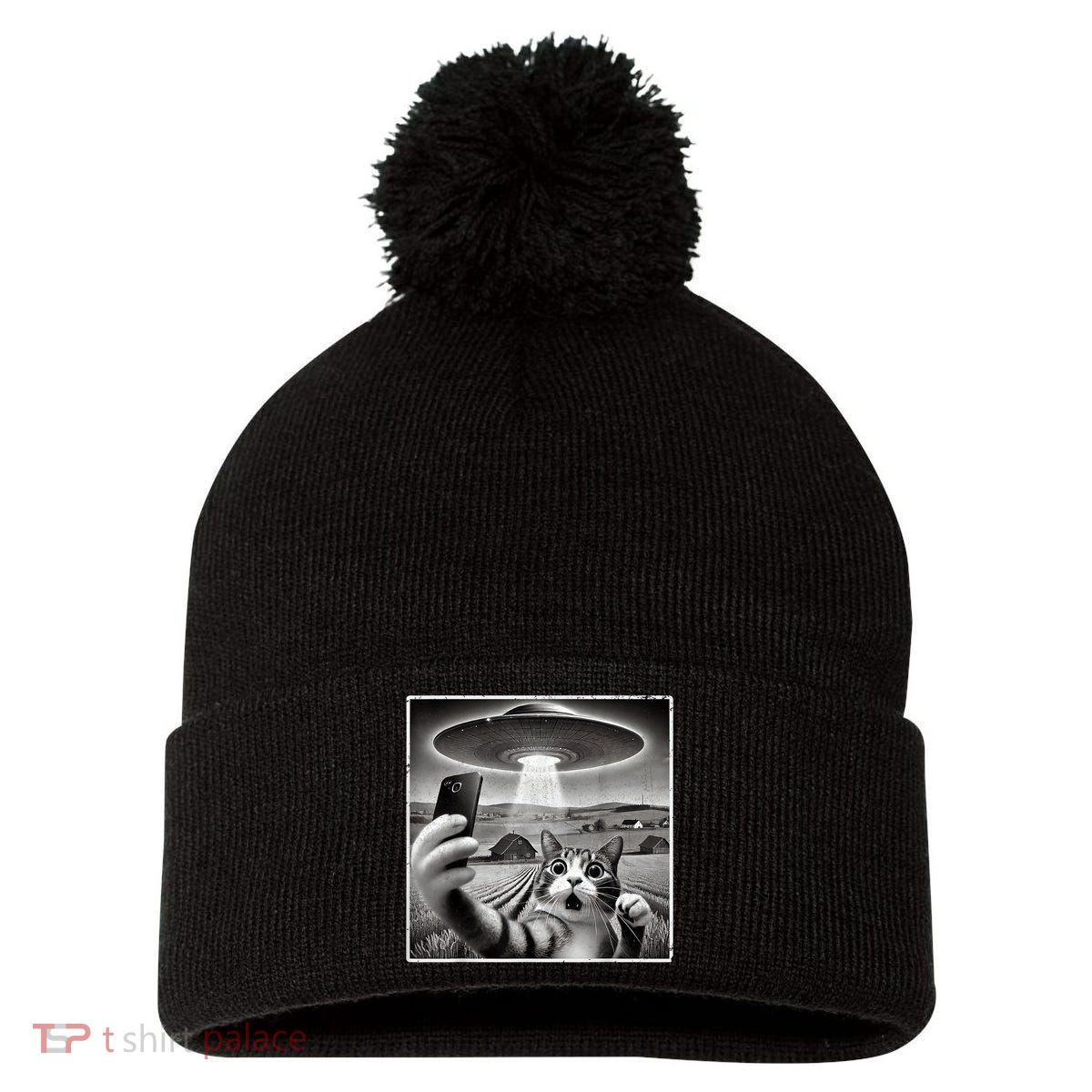 Funny Cat Selfie With Alien UFO Cat Pom Pom 12in Knit Beanie