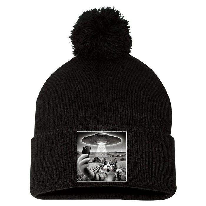 Funny Cat Selfie With Alien UFO Cat Pom Pom 12in Knit Beanie