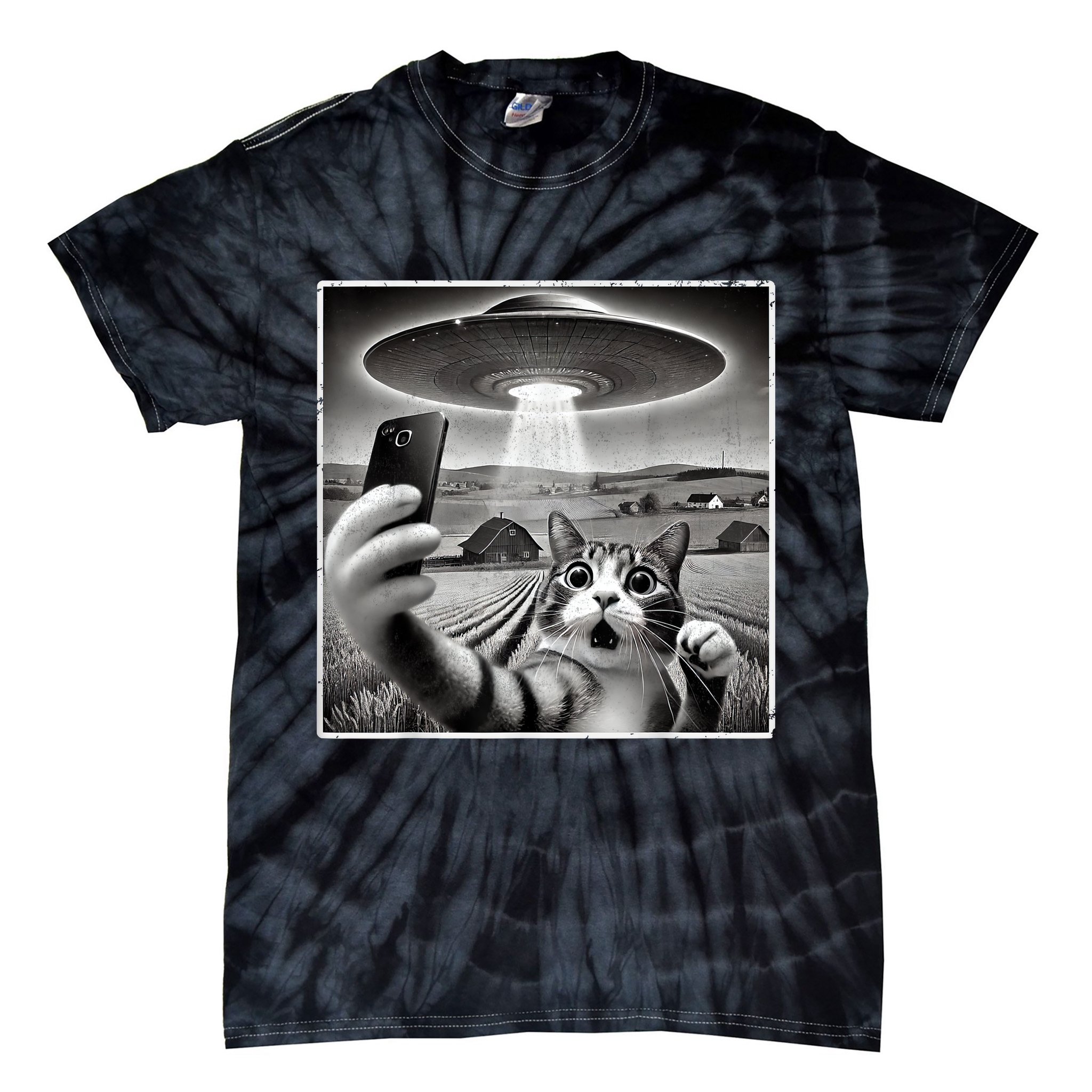 Funny Cat Selfie With Alien UFO Cat Tie-Dye T-Shirt
