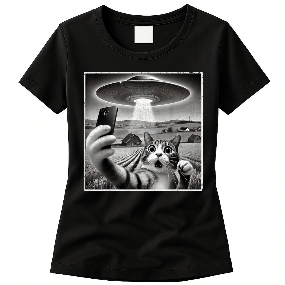 Funny Cat Selfie With Alien UFO Cat Womens T-Shirt