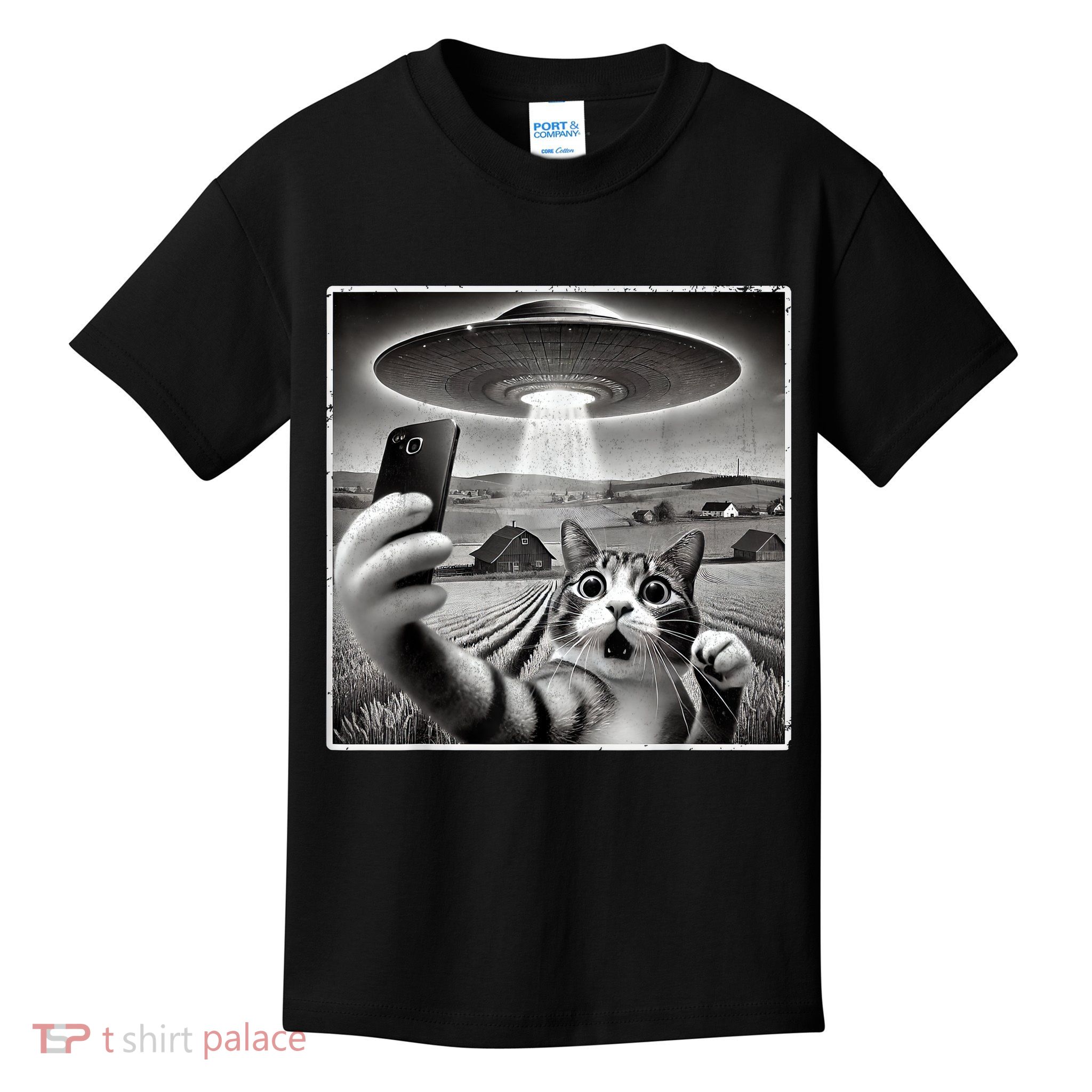 Funny Cat Selfie With Alien UFO Cat Kids T-Shirt