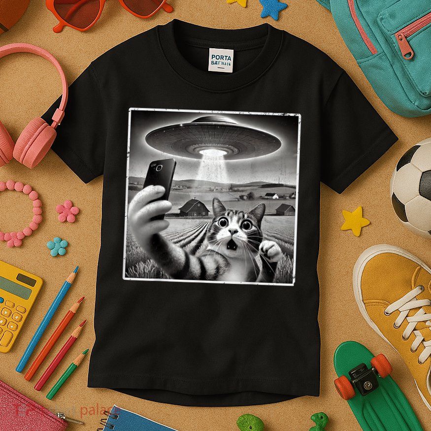 Funny Cat Selfie With Alien UFO Cat Kids T-Shirt