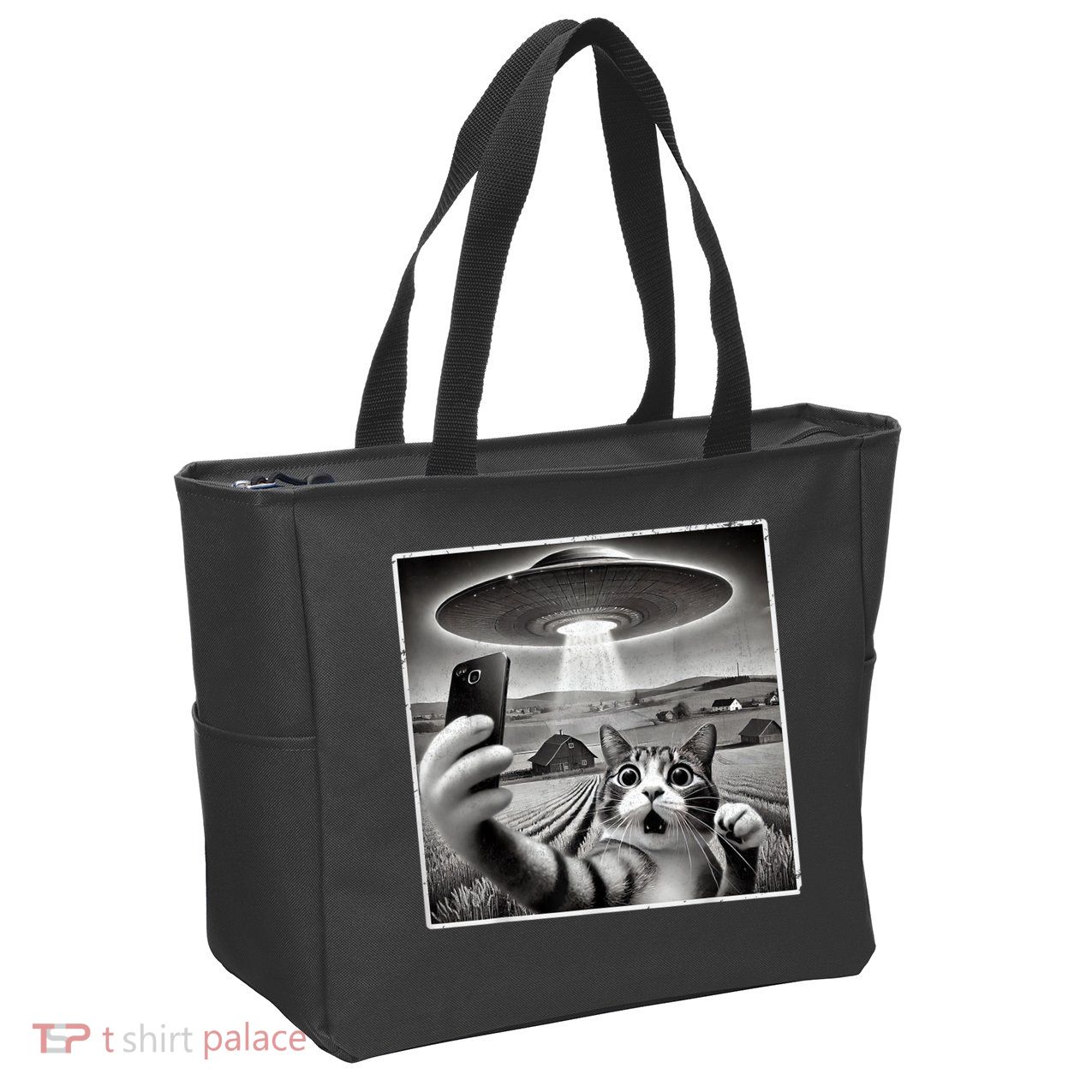 Funny Cat Selfie With Alien UFO Cat Zip Tote Bag