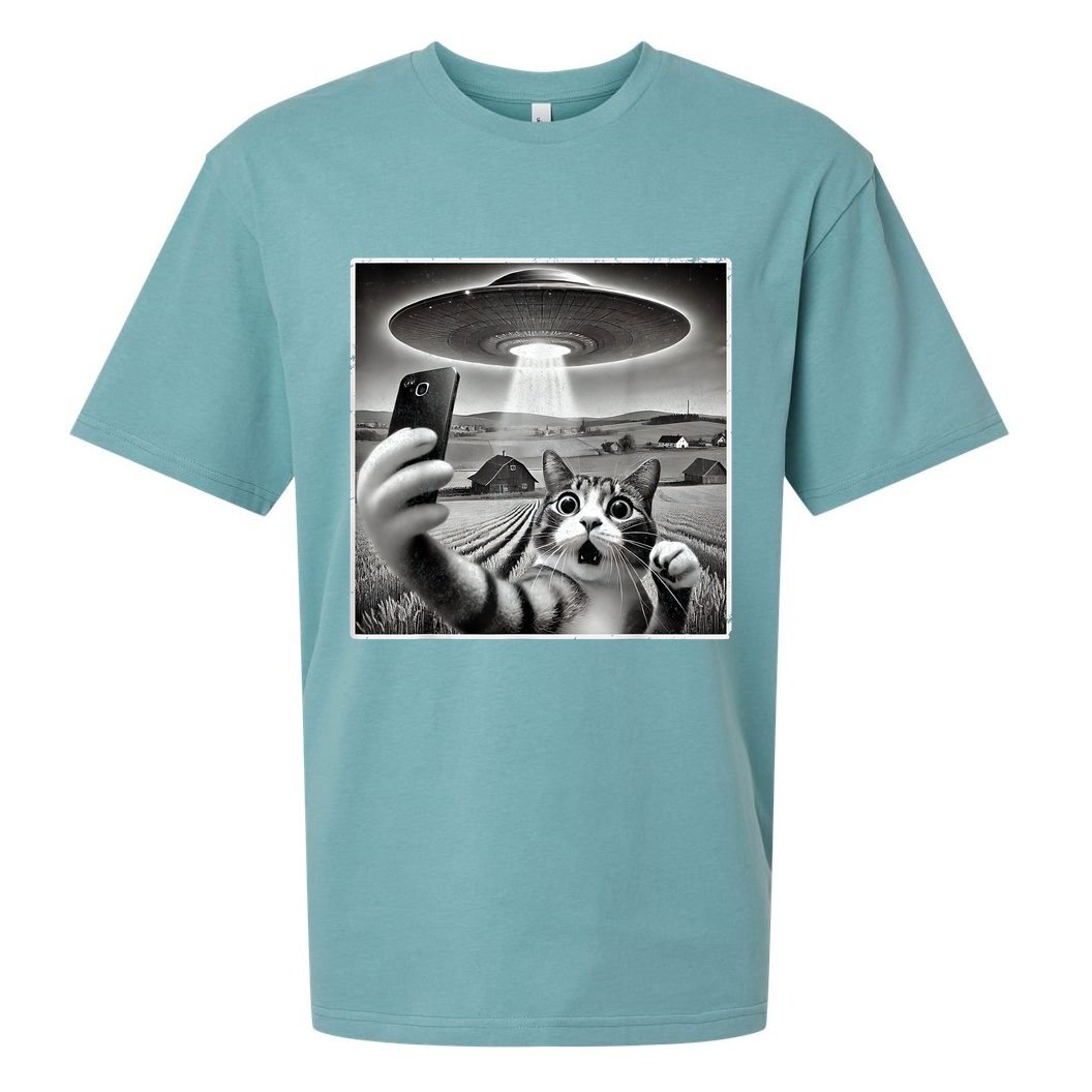 Funny Cat Selfie With Alien UFO Cat Sueded Cloud Jersey T-Shirt
