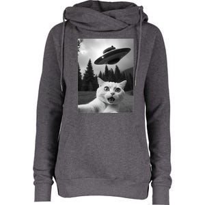 Funny Cat Selfie With A Ufo Womens Funnel Neck Pullover Hood